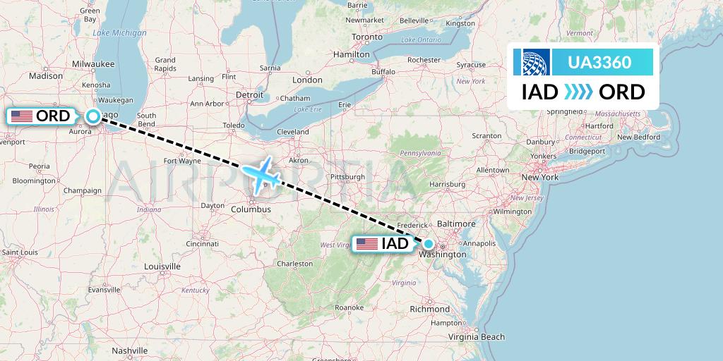 UA3360 United Airlines Flight Map: Washington to Chicago