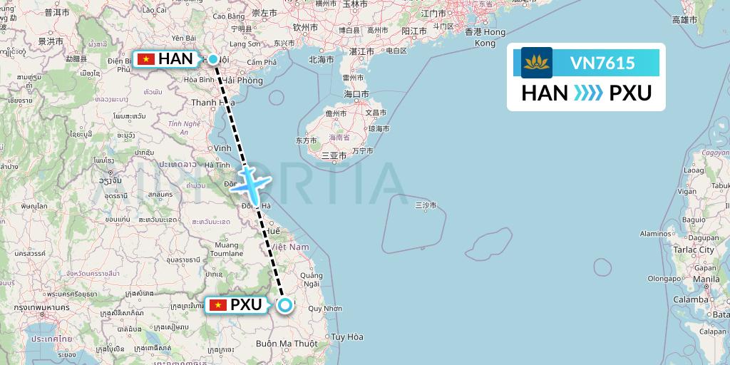VN7615 Vietnam Airlines Flight Map: Hanoi to Pleiku