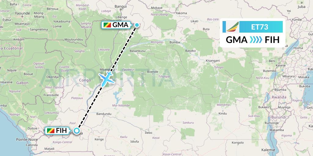 ET73 Ethiopian Airlines Flight Map: Gemena to Kinshasa