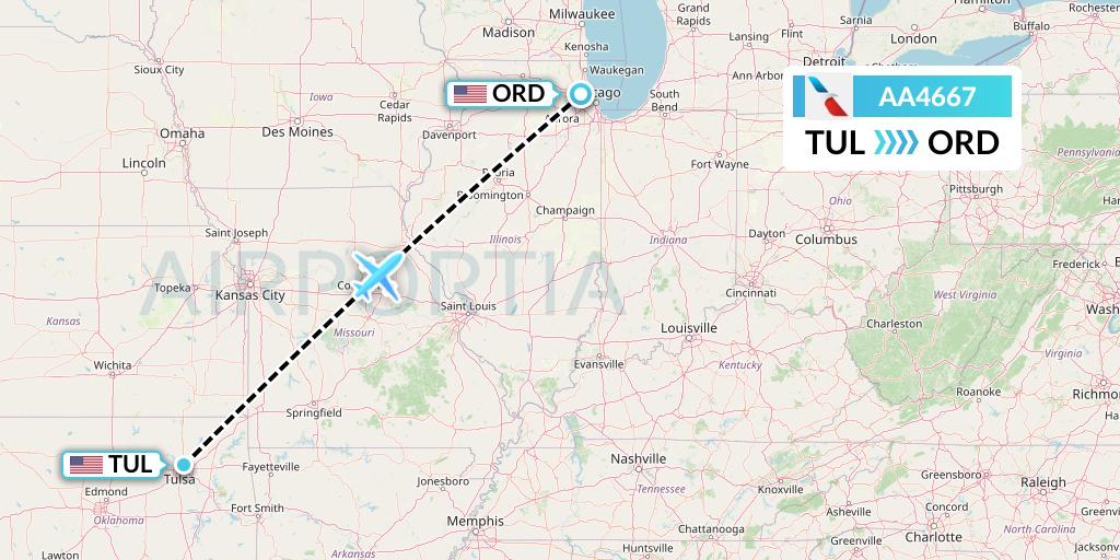 AA4667 American Airlines Flight Map: Tulsa to Chicago