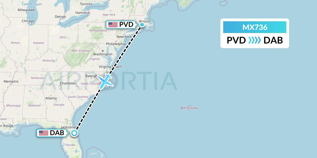 MX736 Breeze Airways Flight Map: Providence to Daytona Beach