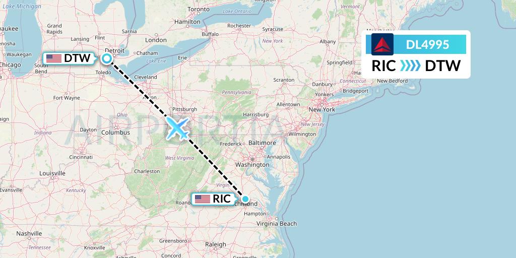 DL4995 Delta Air Lines Flight Map: Richmond to Detroit