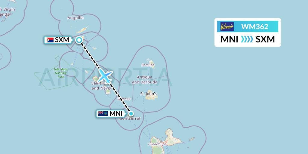 WM362 Winair Flight Map: Plymouth to Sint Maarten
