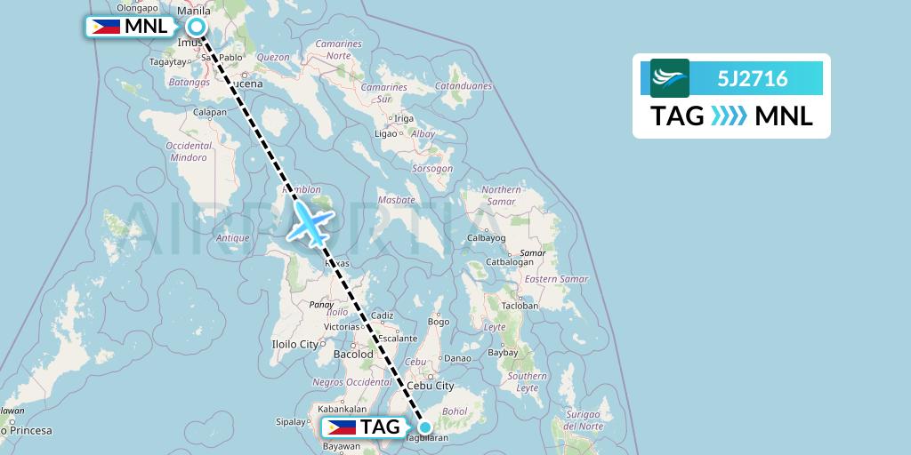 5J2716 CEBU Pacific Air Flight Map: Tagbilaran City to Manila