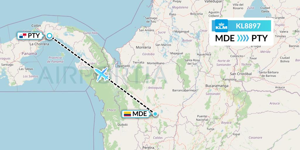 KL8897 KLM Flight Map: Medellin to Panama City