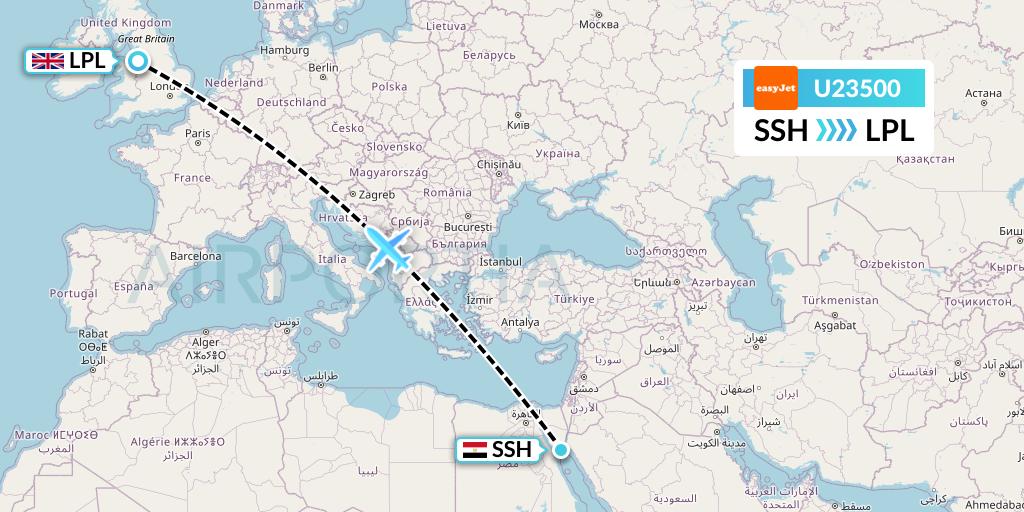 U23500 EasyJet Flight Map: Sharm el-Sheikh to Liverpool