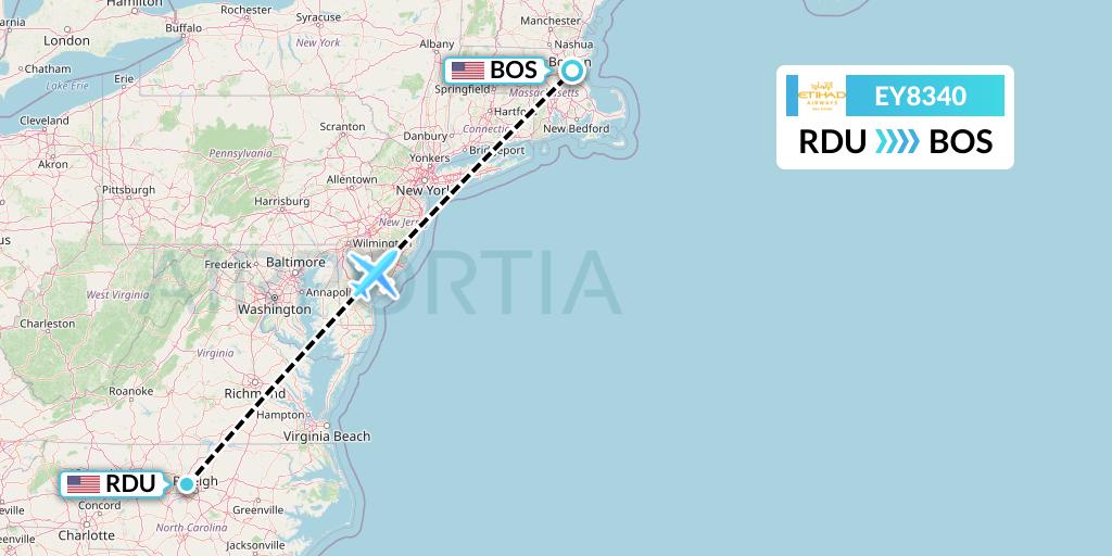 EY8340 Etihad Airways Flight Map: Raleigh-Durham to Boston
