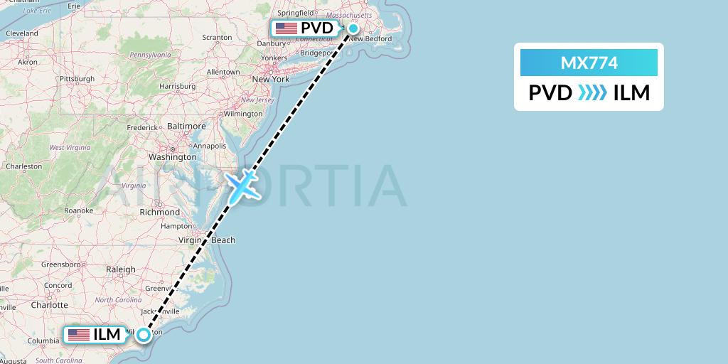 MX774 Breeze Airways Flight Map: Providence to Wilmington