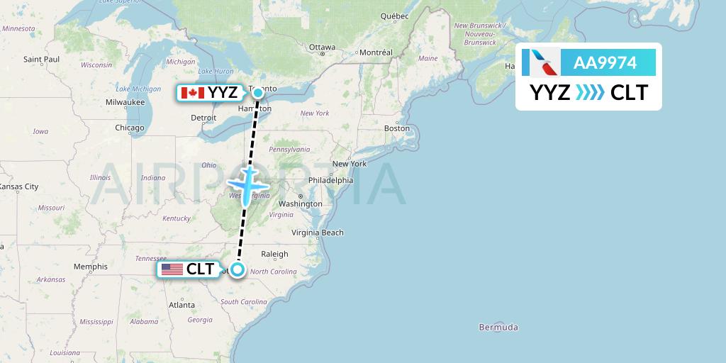 AA9974 American Airlines Flight Map: Toronto to Charlotte