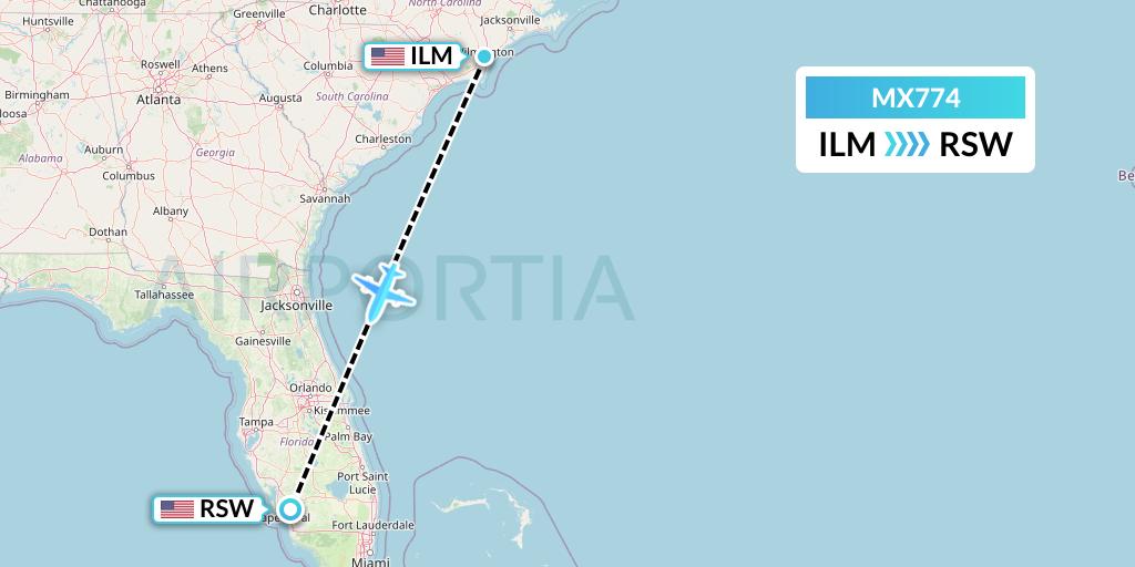 MX774 Breeze Airways Flight Map: Wilmington to Fort Myers