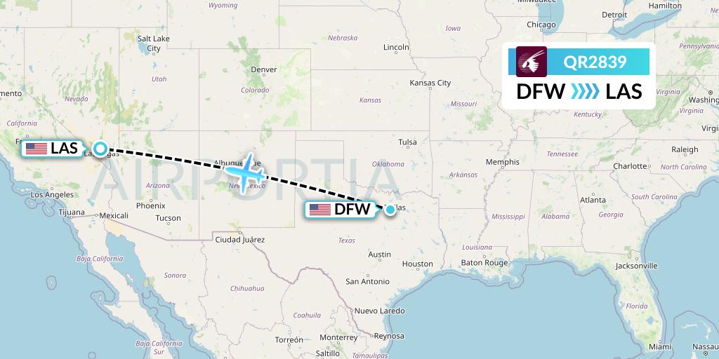 QR2839 Qatar Airways Flight Map: Dallas to Las Vegas