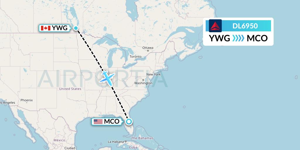 DL6950 Delta Air Lines Flight Map: Winnipeg to Orlando