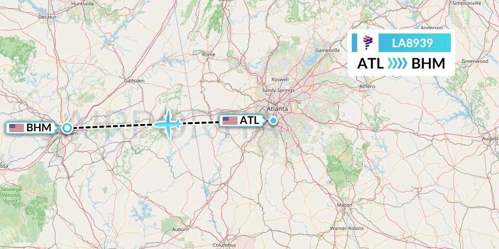 LA8939 LAN Airlines Flight Map: Atlanta to Birmingham