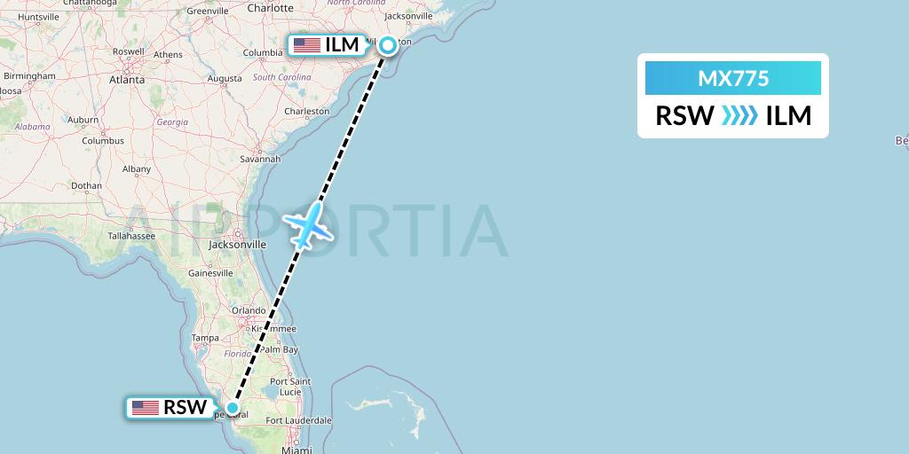 MX775 Breeze Airways Flight Map: Fort Myers to Wilmington