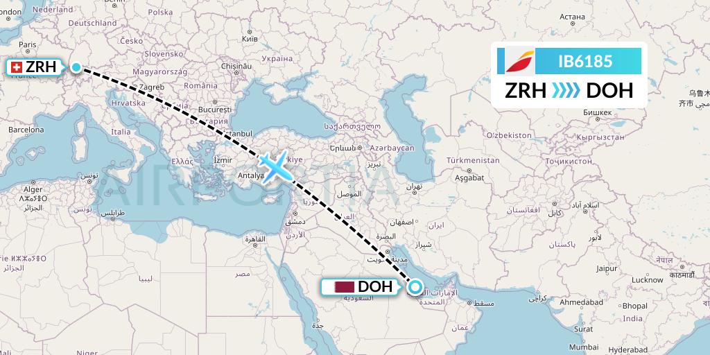 IB6185 Iberia Flight Map: Zurich to Doha