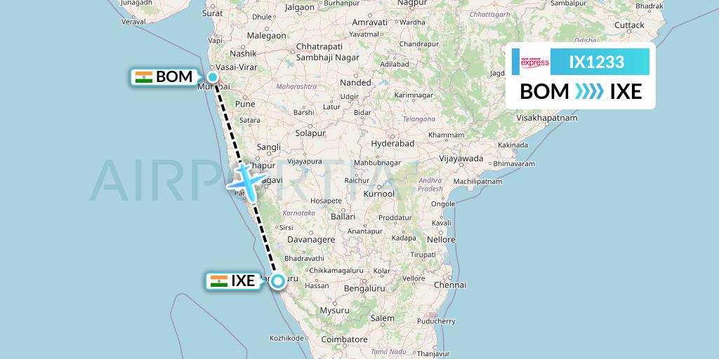 IX1233 Air India Express Flight Map: Mumbai to Mangalore