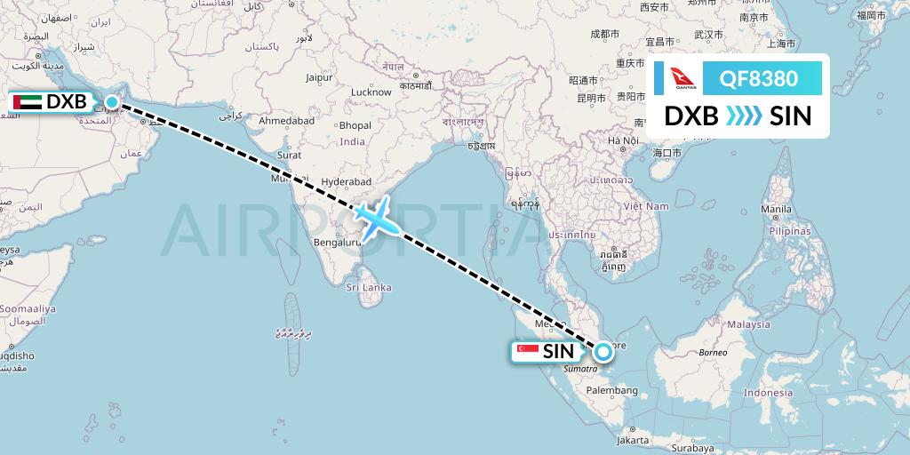 QF8380 Qantas Flight Map: Dubai to Singapore