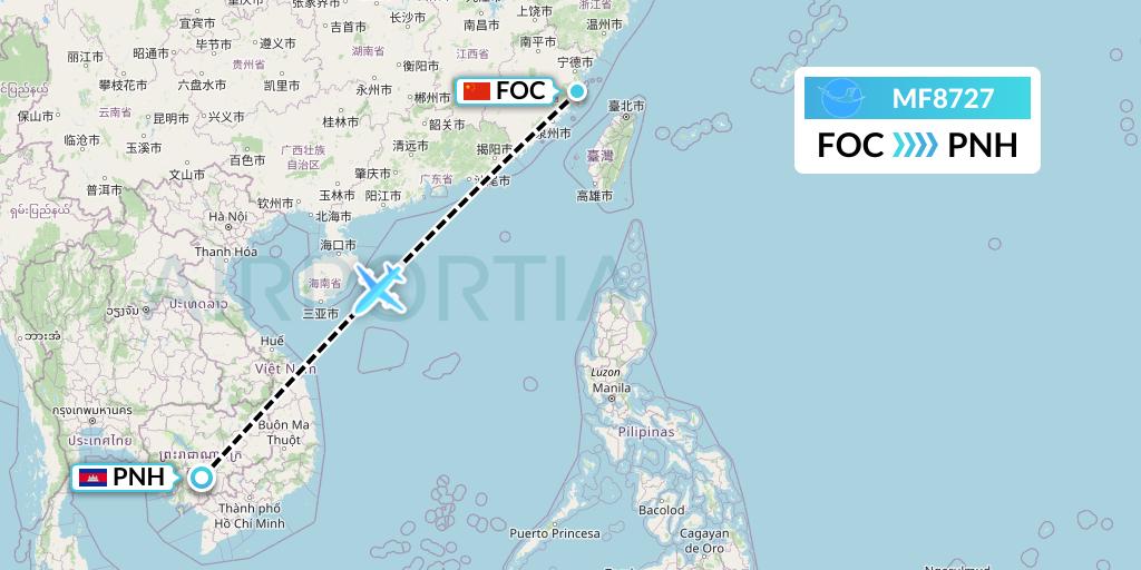 MF8727 Xiamen Airlines Flight Map: Fuzhou to Phnom Penh