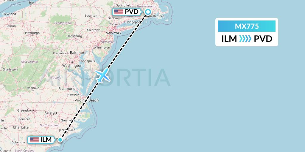 MX775 Breeze Airways Flight Map: Wilmington to Providence