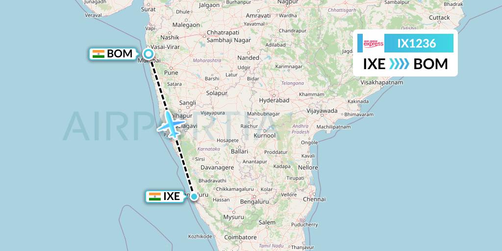 IX1236 Air India Express Flight Map: Mangalore to Mumbai