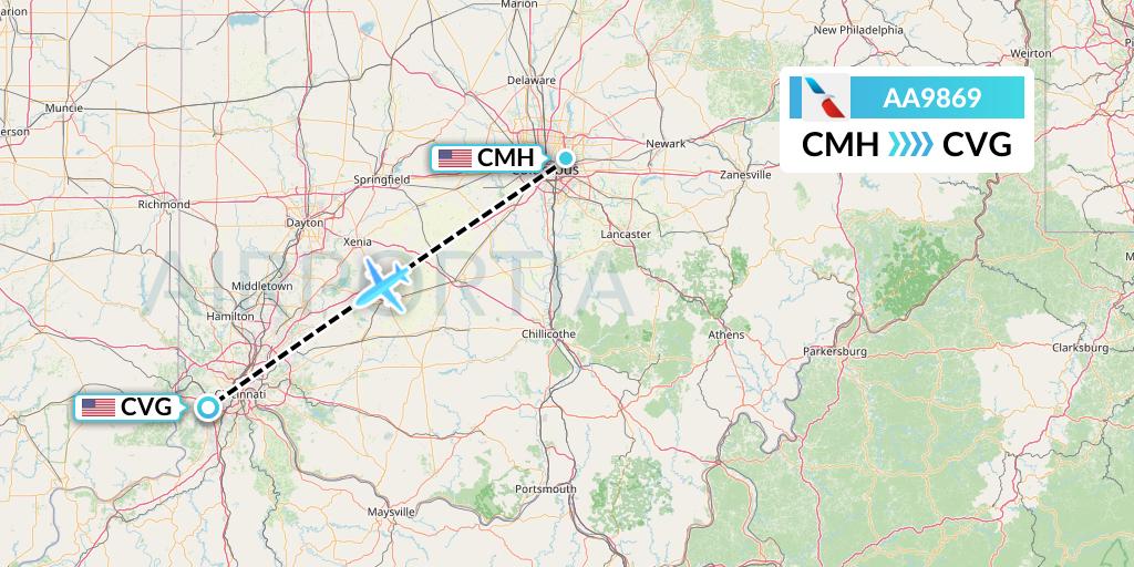 AA9869 American Airlines Flight Map: Columbus to Cincinnati