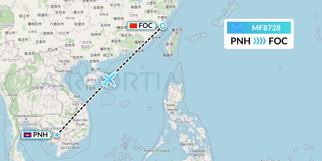 MF8728 Xiamen Airlines Flight Map: Phnom Penh to Fuzhou