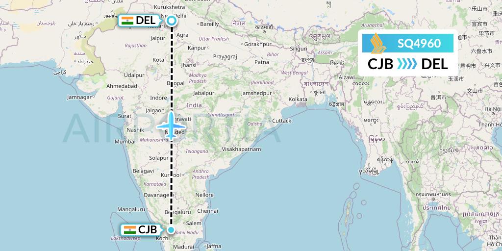 SQ4960 Singapore Airlines Flight Map: Coimbatore to Delhi