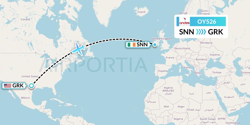 OY526 Omni Air International Flight Map: Shannon to Killeen