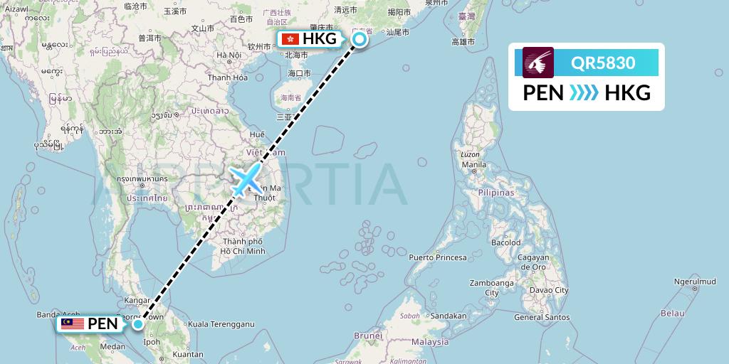 QR5830 Qatar Airways Flight Map: Penang to Hong Kong