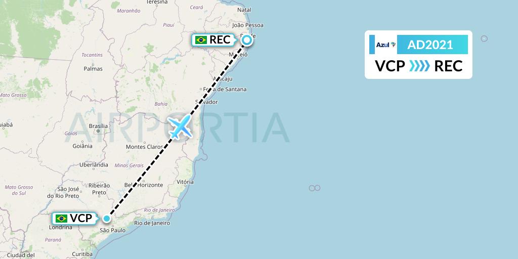 AD2021 Azul Brazilian Airlines Flight Map: Campinas to Recife