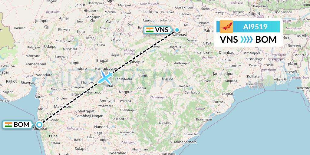 AI9519 Air India Flight Map: Varanasi to Mumbai