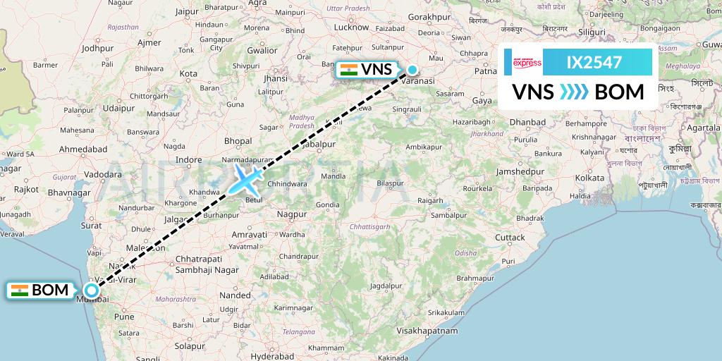 IX2547 Air India Express Flight Map: Varanasi to Mumbai