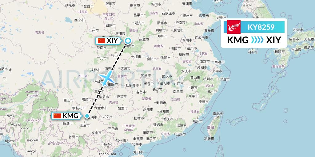 KY8259 Kunming Airlines Flight Map: Kunming to Xi'an