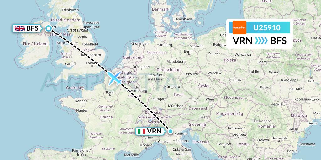 U25910 EasyJet Flight Map: Verona to Belfast