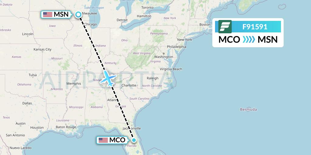 F91591 Frontier Airlines Flight Map: Orlando to Madison