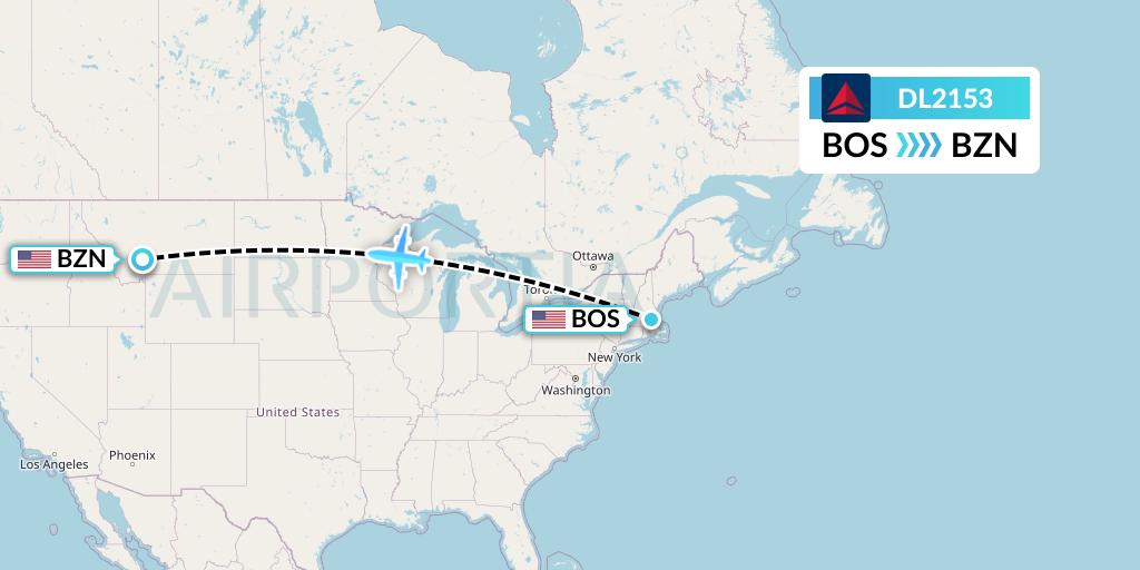 DL2153 Delta Air Lines Flight Map: Boston to Bozeman