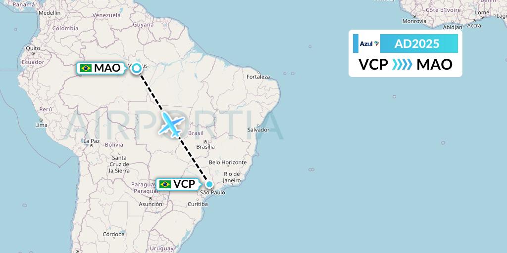 AD2025 Azul Brazilian Airlines Flight Map: Campinas to Manaus