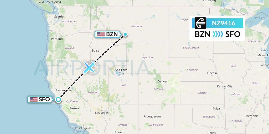 NZ9416 Air New Zealand Flight Map: Bozeman to San Francisco