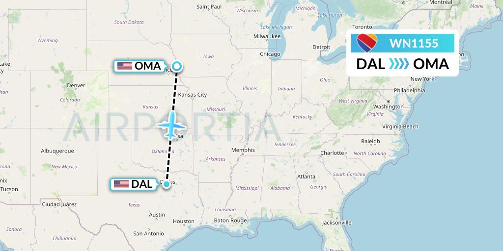 WN1155 Southwest Airlines Flight Map: Dallas to Omaha