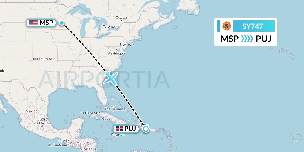 SY747 Sun Country Airlines Flight Map: Minneapolis to Punta Cana