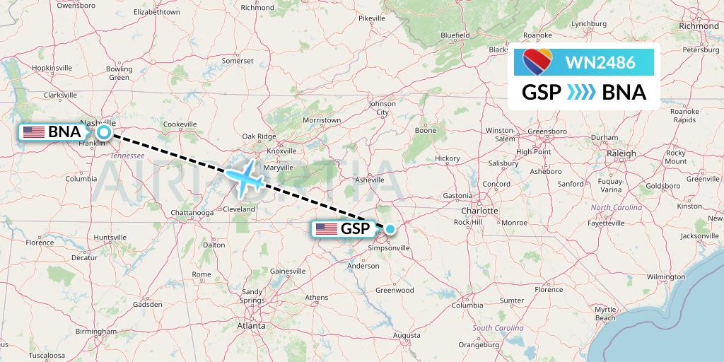 WN2486 Southwest Airlines Flight Map: Greenville-Spartanburg to Nashville