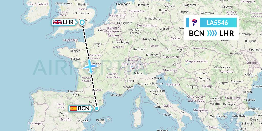 LA5546 LAN Airlines Flight Map: Barcelona to London