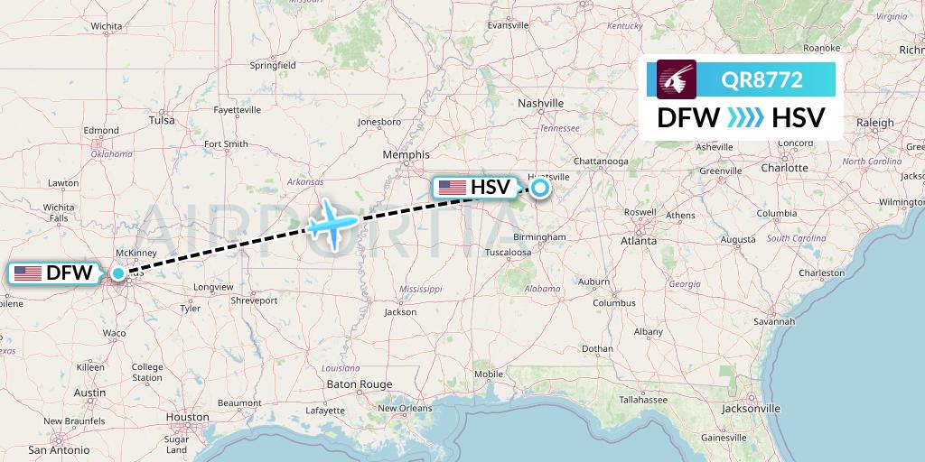QR8772 Qatar Airways Flight Map: Dallas to Huntsville