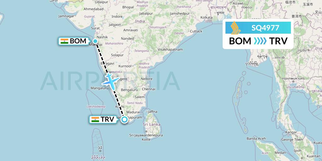 SQ4977 Singapore Airlines Flight Map: Mumbai to Thiruvananthapuram