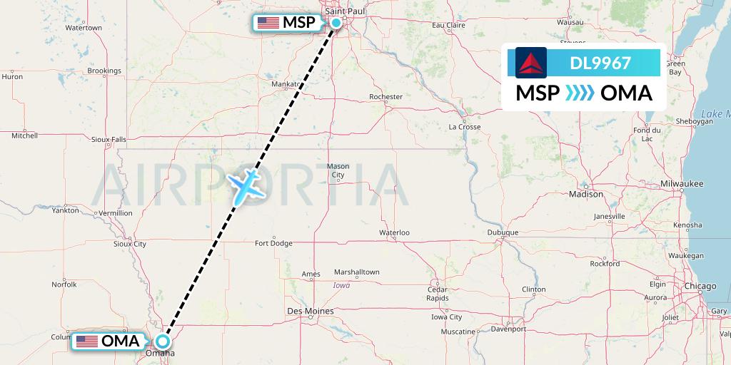 DL9967 Delta Air Lines Flight Map: Minneapolis to Omaha