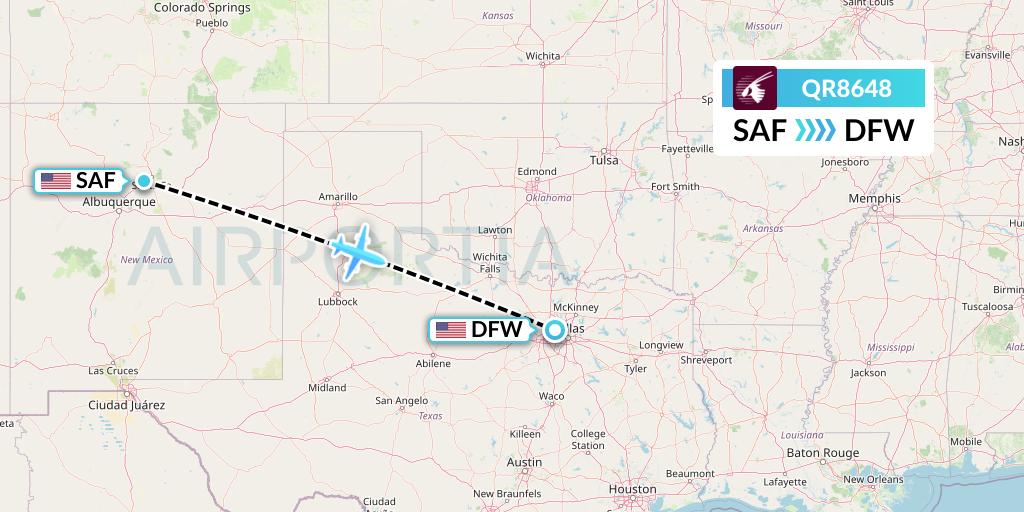 QR8648 Qatar Airways Flight Map: Santa Fe to Dallas