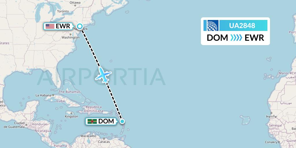 UA2848 United Airlines Flight Map: Dominica to New York