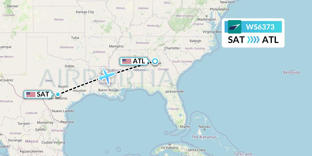 WS6373 WestJet Flight Map: San Antonio to Atlanta