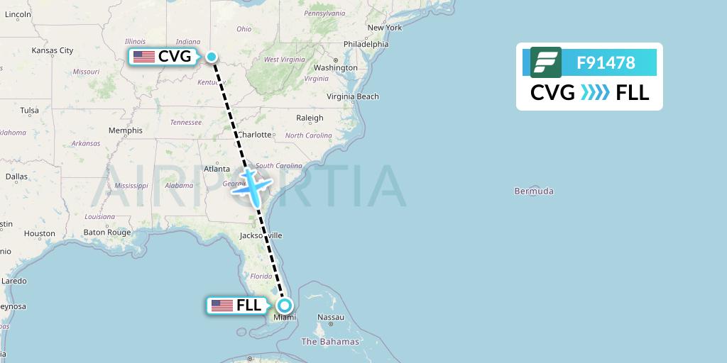 F91478 Frontier Airlines Flight Map: Cincinnati to Fort Lauderdale