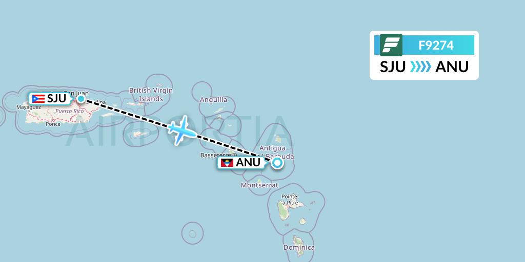 F9274 Frontier Airlines Flight Map: San Juan to Antigua